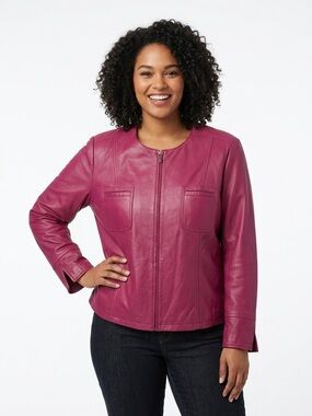 ⁠Genuine Lambskin Leather Jacket Magenta Berry Plus Size 20 Fall Moto⁠